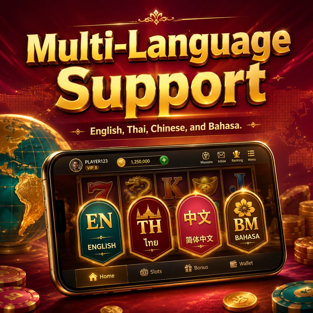 Multi-Language Support: Fully localized for English, Thai, Chinese, and Bahasa.