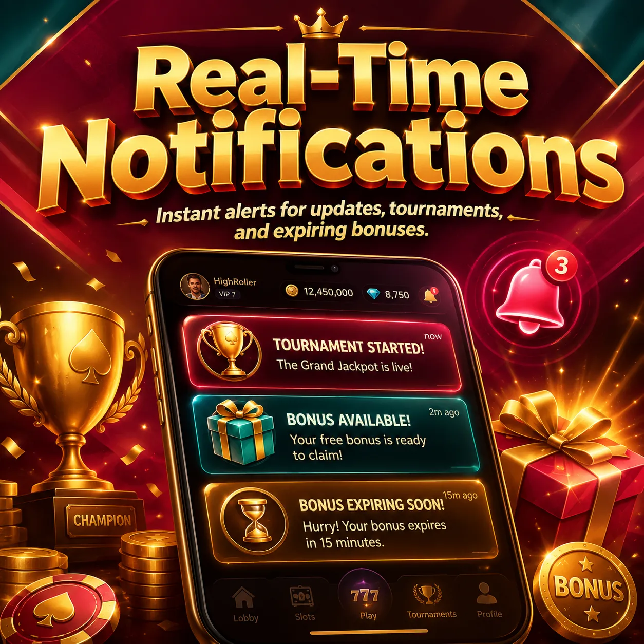 Real-Time Notifications: Get alerts for update features, tournament standings, and expiring bonuses.